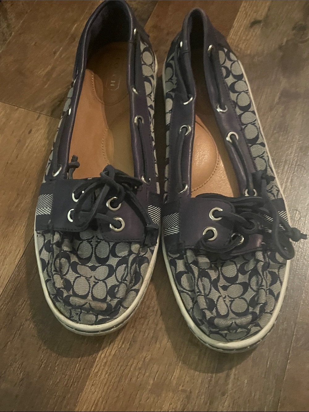 Coach Signature Canvas Moccasin Boat Shoes in Navy and Tan